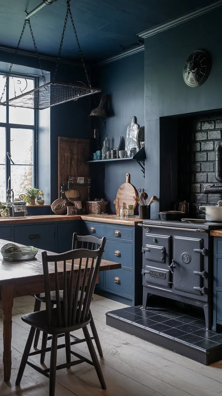 Dark blue walls and a cast iron stove create a moody, yet inviting atmosphere in this gothic farmhouse kitchen. The rustic wooden table and industrial pot rack add to the trendy, eclectic design. A perfect blend of old-world charm and modern style.