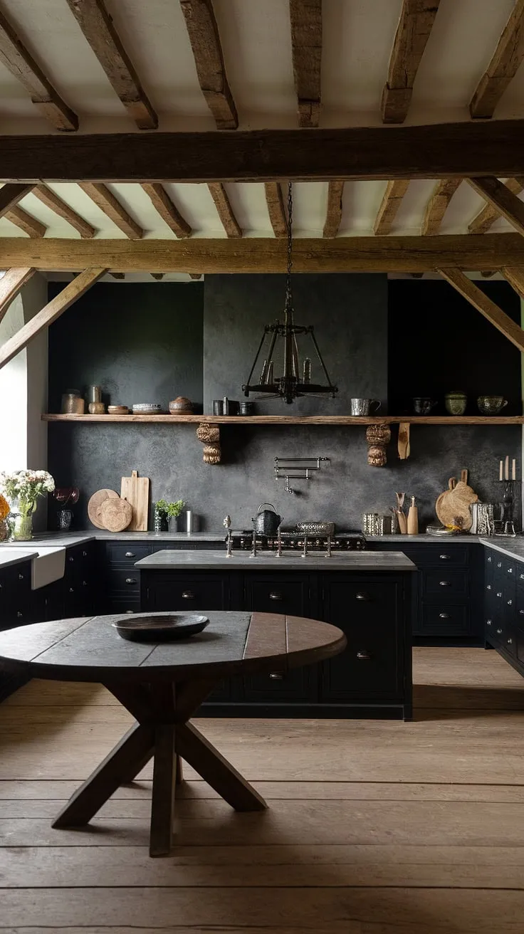 Rustic charm meets gothic elegance in this farmhouse kitchen. The dark cabinetry, poured concrete countertops, and textured gray backsplash create a dramatic yet inviting space, perfectly complemented by the warm glow of the lighting and the substantial wooden table at its heart. A testament to the beauty of blending contrasting styles.