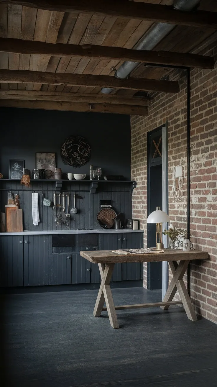 A dark and dramatic kitchen, perfectly styled for those who appreciate a touch of gothic romance. The aged wood, exposed brick, and deep grey tones create an atmosphere both sophisticated and undeniably cozy. A space where culinary adventures unfold under the warm glow of a simple lamp.