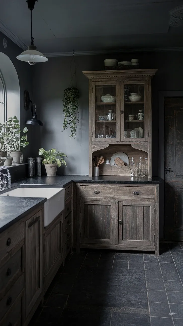 This gothic farmhouse kitchen, with its dark gray walls and black countertops, offers a surprisingly warm and inviting atmosphere. The rustic wooden cabinetry and pops of greenery soften the moody ambiance, creating a space that's both stylish and functional. A perfect blend of darkness and light.