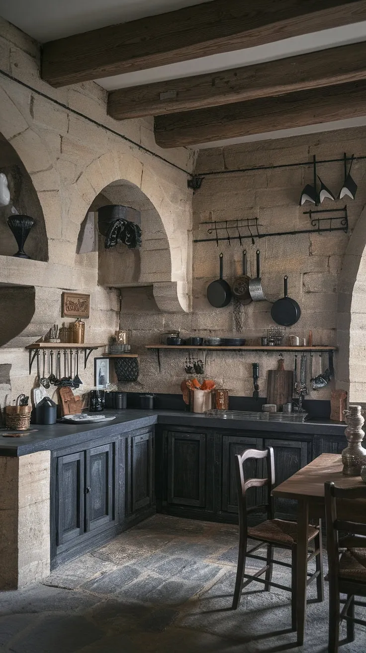 This gothic farmhouse kitchen seamlessly blends rustic charm with modern trends. Dark grey countertops and stone walls create a dramatic backdrop, while exposed wooden beams and hanging cookware add warmth and character. The unique arched details and a sturdy wooden table complete the inviting, yet undeniably stylish, space.