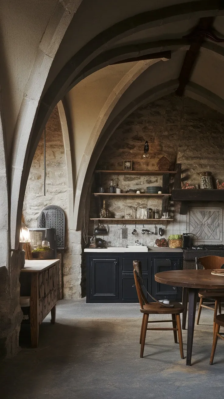 Where rustic charm meets gothic grandeur. This farmhouse kitchen, with its aged wood, stone arches, and industrial accents, is a testament to unique design. The blend of textures and the dark, moody palette create an atmosphere both inviting and dramatic.