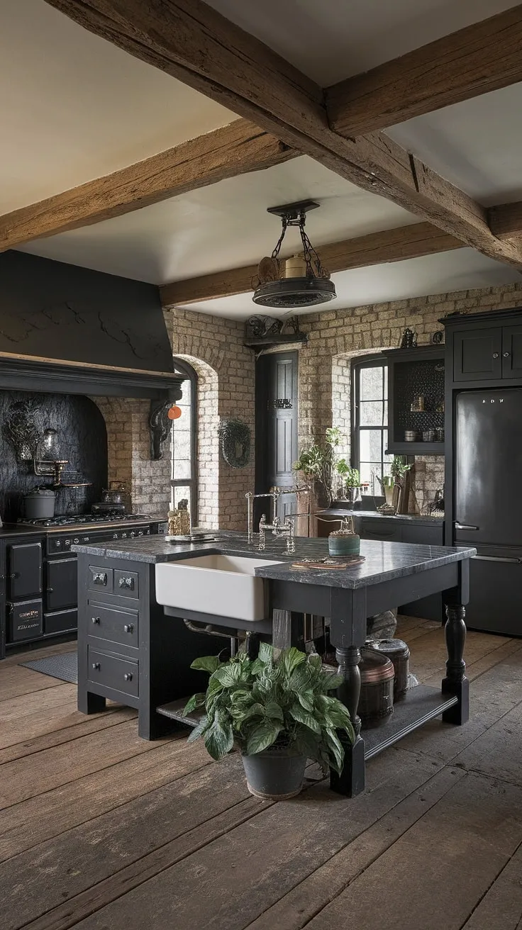 Dark, moody, and undeniably chic. This gothic farmhouse kitchen seamlessly blends rustic charm with modern sophistication, creating a space that's both cozy and captivating. The exposed brick, aged wood, and dramatic island with its marble countertop are a testament to the beauty of blending old and new. A perfect example of how to create a truly unique and stylish home.
