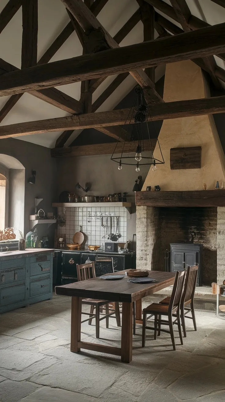 This gothic farmhouse kitchen is a dream. A stunning space where rustic textures and dark, moody tones create an inviting and undeniably stylish ambiance. The large wooden table is the perfect centerpiece, promising countless cozy evenings spent around its warmth. A truly captivating space.