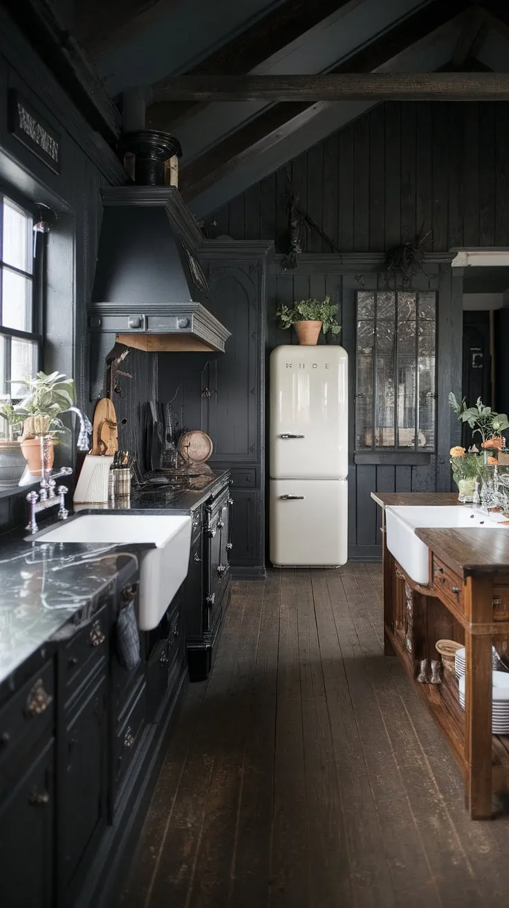 Where rustic charm meets gothic mystery. This kitchen's dark wood paneling, black marble countertops, and unexpected pops of white create a captivating, almost theatrical space. A perfect blend of textures and tones, it's a testament to the power of contrasting design elements.
