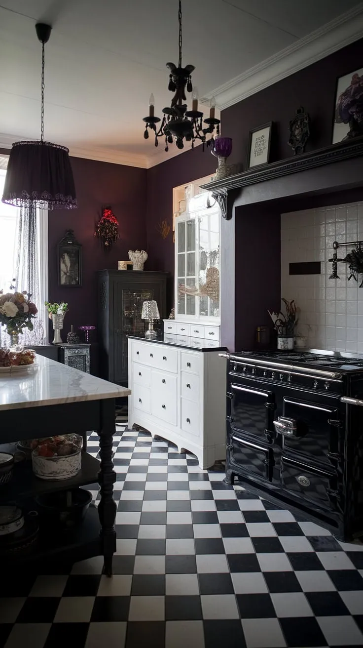Where gothic romance meets culinary artistry. The deep purple walls, checkered floor, and dramatic lighting create an atmosphere as captivating as the dishes prepared within. A testament to the power of dark feminine design, this kitchen is a sanctuary of style and substance.
