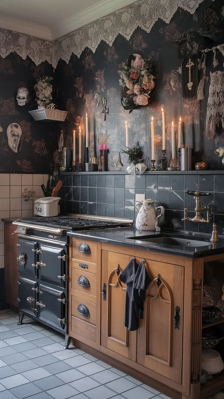This gothic kitchen whispers secrets of a bygone era. A curated collection of antique details – brass fixtures, floral wallpaper, and a subtle hint of the occult – combine to craft a space both alluring and unsettling. The juxtaposition of delicate lace and a skull speaks volumes about the unique personality residing within.