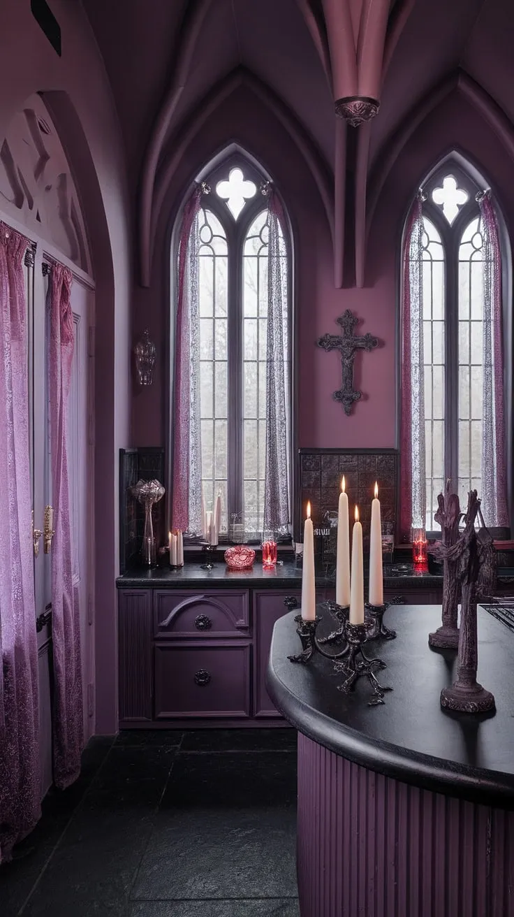 A sanctuary of shadows and lace, where the scent of old magic hangs heavy in the air. This gothic kitchen, bathed in deep purple hues, whispers tales of a feminine mystique, its arched doorways and candlelit counters hinting at secrets yet untold. A space where darkness and beauty intertwine, creating an atmosphere both alluring and enchanting.