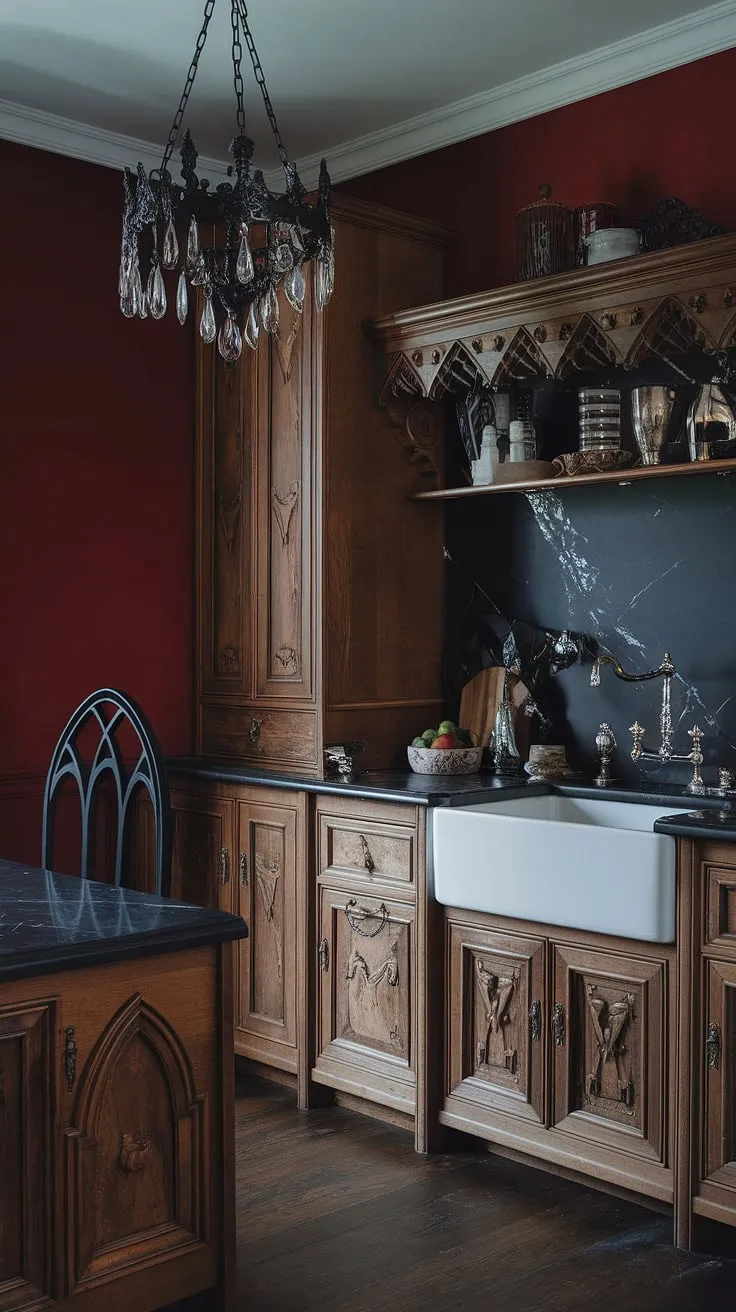Crimson walls whisper secrets in this darkly romantic kitchen, where a gothic chandelier casts its spell over a hand-carved cabinet and sleek black marble. The contrast of the white ceramic sink and the deep red creates a captivating feminine space. A touch of gothic elegance in every detail.