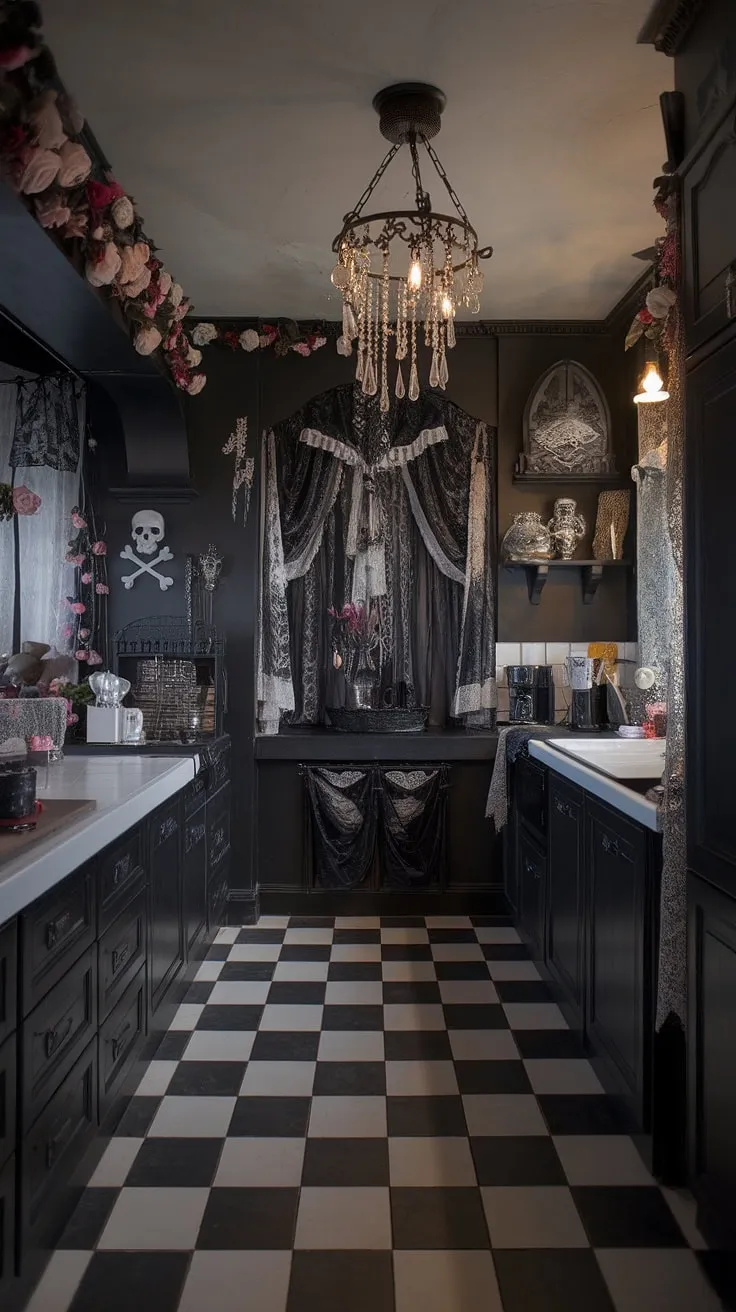 A darkly romantic escape. This kitchen's gothic charm is undeniable, from the black and white checkered floor to the delicate lace and roses adorning the walls. A skull and crossbones add a touch of macabre whimsy, while the crystal chandelier casts a mesmerizing glow. A space where elegance meets the unexpected, a perfect blend of light and shadow.