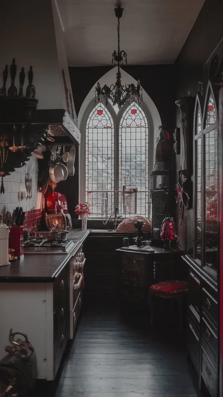Where Victorian elegance meets a touch of gothic mystery, this kitchen whispers tales of forgotten feasts and midnight secrets. The black and white palette, punctuated by crimson accents, creates a dramatic atmosphere, while the stained-glass window and antique furnishings add layers of captivating detail. A truly enchanting space.