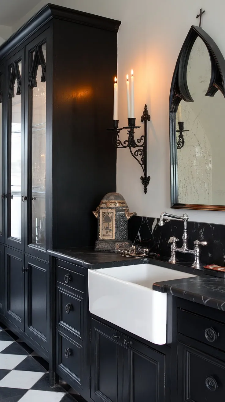 Dark romance meets culinary artistry in this gothic kitchen. The black marble countertop, ornate mirror, and flickering candlelight create an atmosphere of mysterious elegance, a space where even the simplest task feels like a ritual. A perfect blend of brooding beauty and practical function.