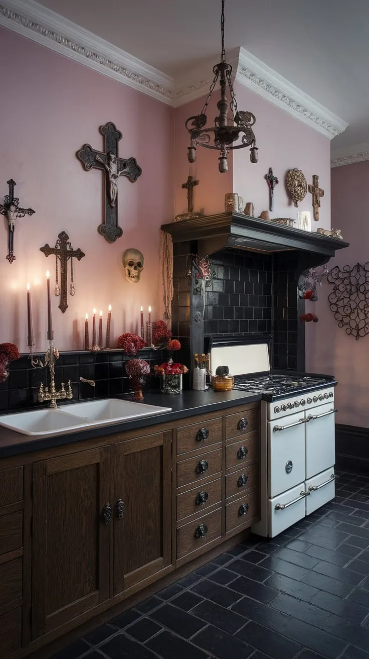 Where darkness meets deliciousness. This gothic kitchen, with its soft pink and purple hues, dark wood, and dramatic chandelier, is a testament to the beauty of embracing the unexpected. A sanctuary for culinary creativity, it's a space where every meal is a darkly romantic affair. A perfect blend of feminine elegance and gothic flair.