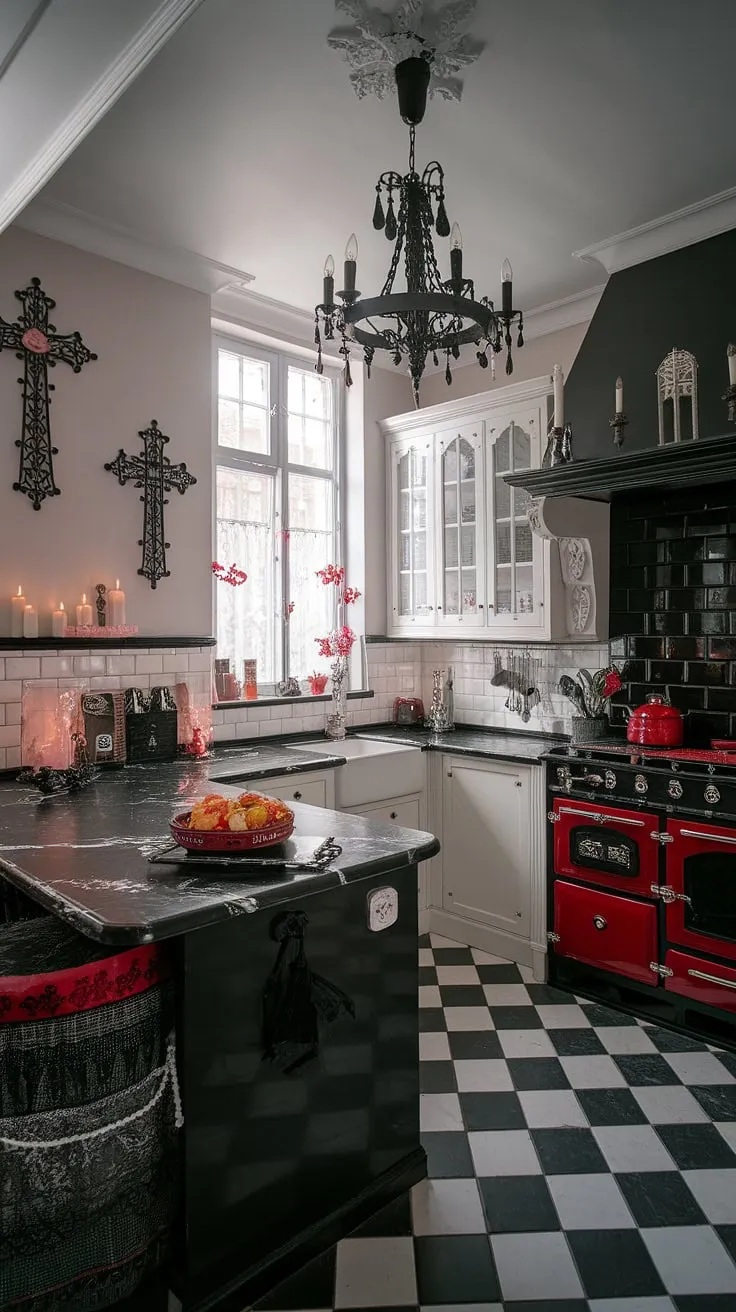 Dark elegance reigns in this kitchen. A sophisticated blend of gothic details-crosses, candles, and a dramatic chandelier-are softened by white cabinetry and the unexpected pop of a red stove. The black marble countertop provides a luxurious, practical surface in this captivating space.