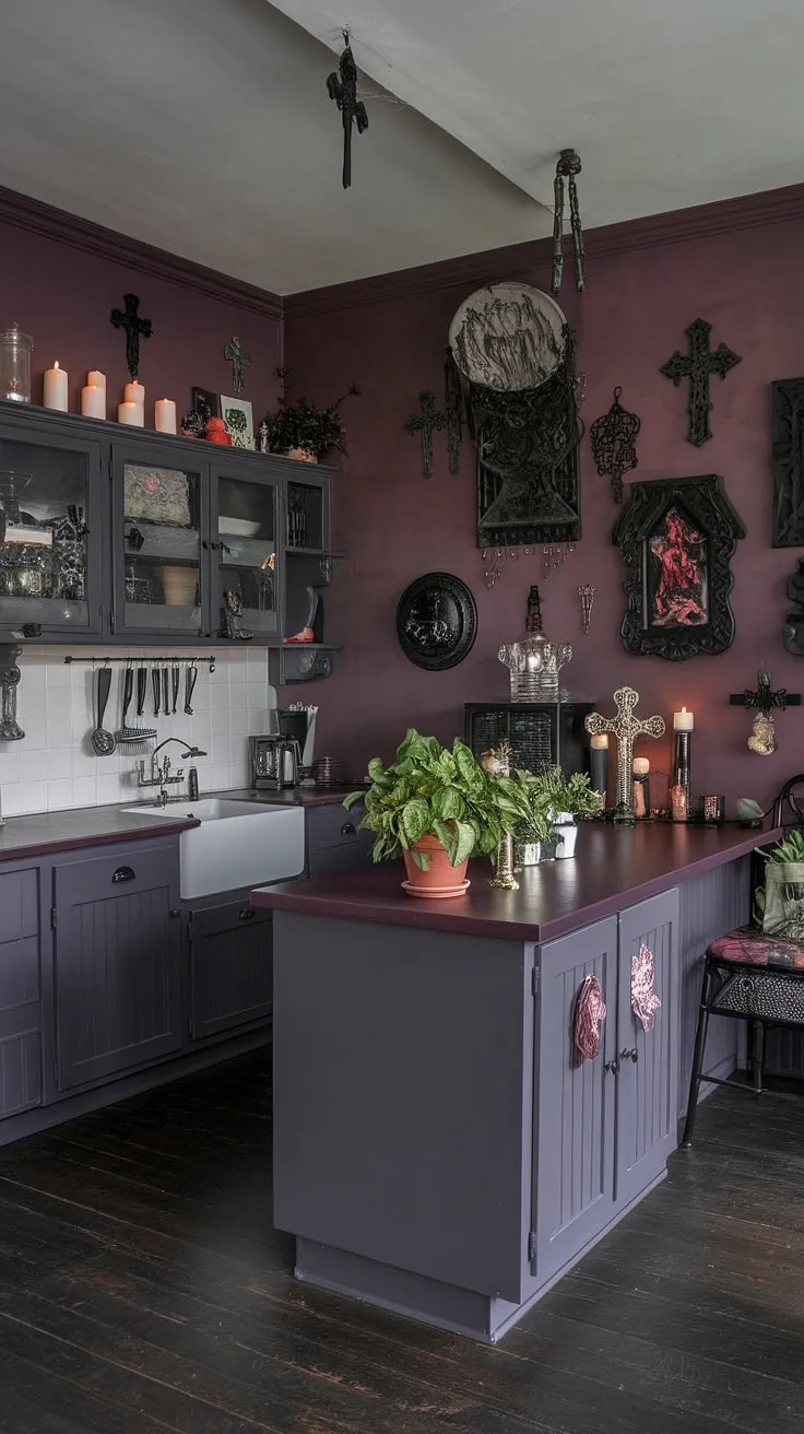 Where darkness meets deliciousness. This gothic kitchen, with its deep purple hues and dramatic accents, proves that even the heart of the home can embrace a touch of the macabre. The white island offers a striking contrast, a beacon of light amidst the brooding elegance. A sanctuary for culinary creativity and a testament to unique style.