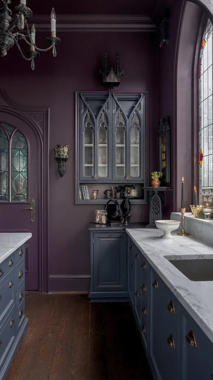 This gothic kitchen, a sanctuary of dark romance, seamlessly blends brooding purple hues with delicate details. A white marble countertop offers a stark contrast, highlighting the ornate cabinet and the captivating stained-glass window, creating a space both alluring and inviting.