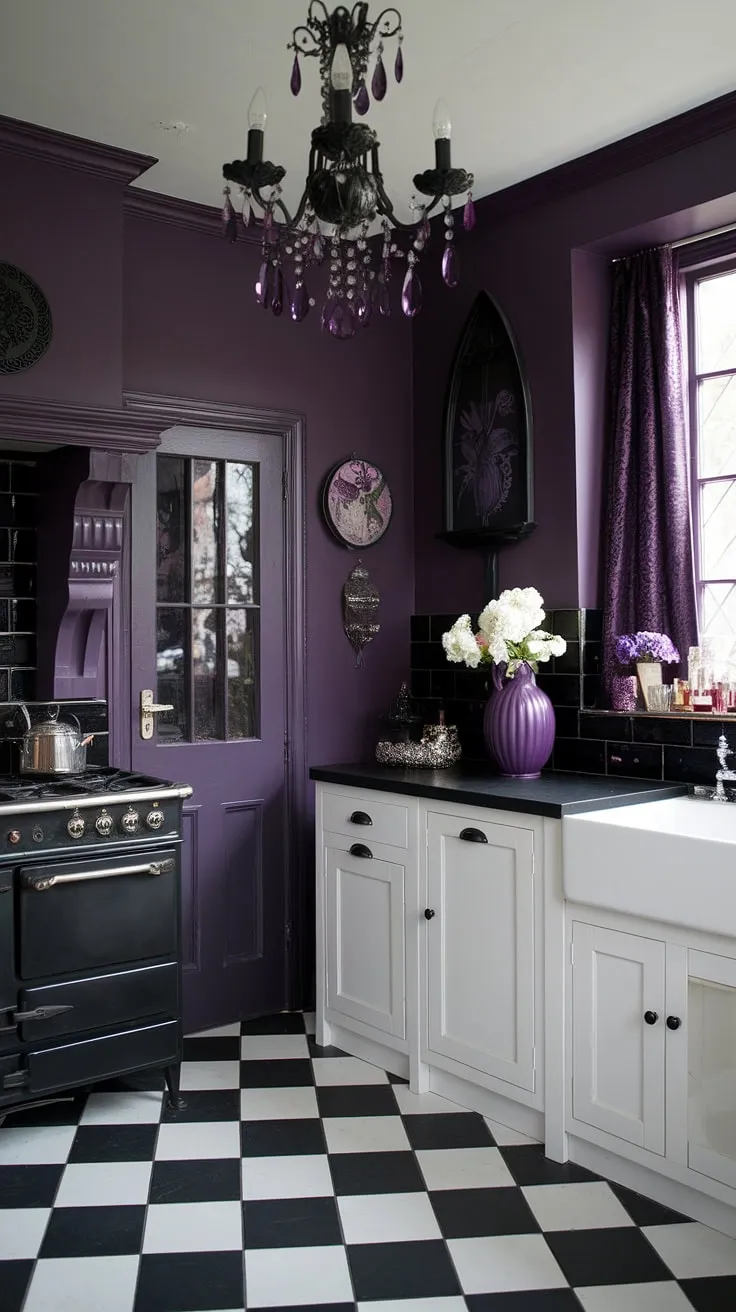 This feminine gothic kitchen is a feast for the eyes. The deep purple hues, accented by white cabinetry and a black and white checkered floor, create a sophisticated and darkly romantic ambiance. Vintage details, like the antique stove, blend seamlessly with the gothic-inspired decor, including a stunning black chandelier and a purple vase of white flowers, resulting in a space that is both dramatic and inviting.