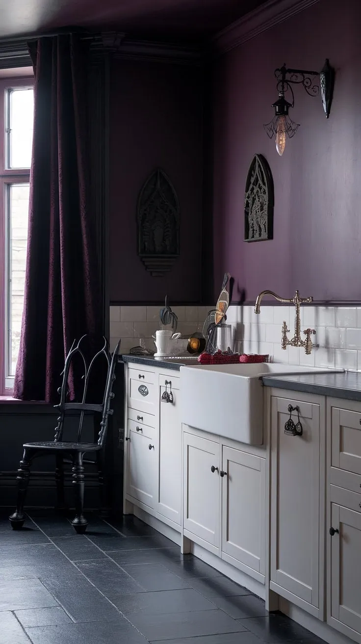 This gothic kitchen is a testament to the power of contrast. The deep purple hues are balanced by crisp white surfaces, while the gothic-style chair and wall sconce add a touch of feminine mystique. The dark tile floor and dramatic window treatment complete this captivating and uniquely styled space.