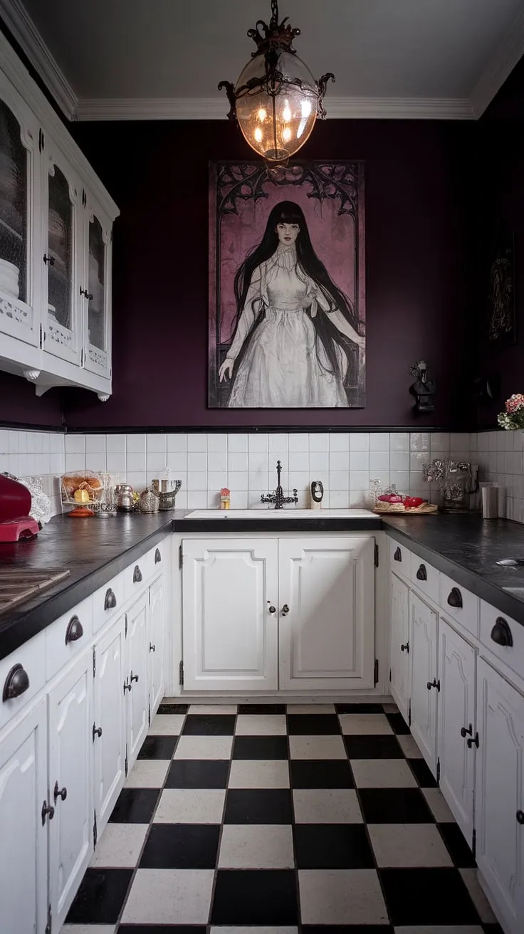 This gothic kitchen is a feast for the eyes. The deep purple hues, contrasted by crisp white cabinetry and a striking black countertop, are perfectly complemented by the vintage lighting and gothic artwork. The black and white checkered floor adds a touch of classic elegance. A testament to dark feminine design.