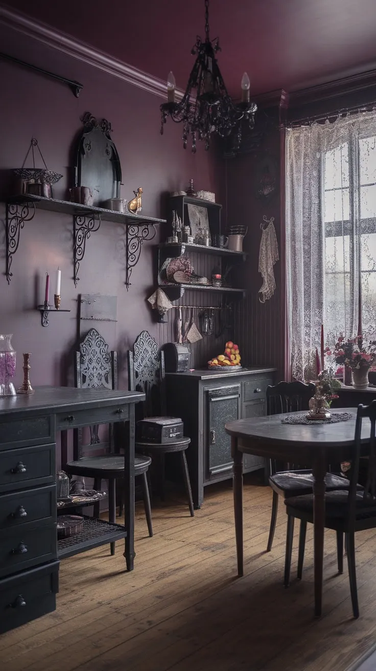 A captivating blend of gothic aesthetics and feminine grace. This kitchen, with its rich purple tones, intricate wrought iron details, and vintage charm, is a testament to the power of dark romanticism. The delicate lace and ornate chandelier soften the gothic elements, creating a space that is both alluring and inviting. A truly unique and enchanting culinary haven.