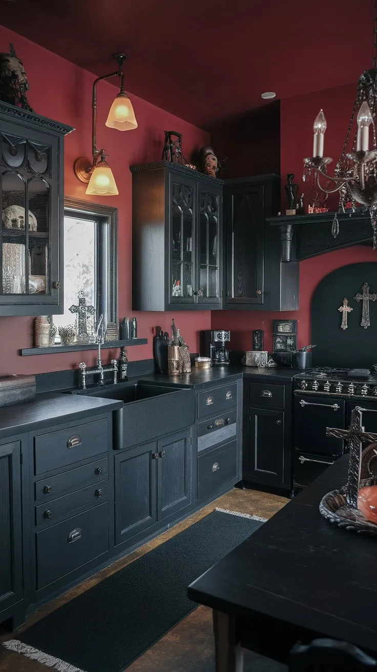 A sanctuary of shadows and spice. This gothic kitchen is a testament to the power of dramatic design. The deep crimson walls, black countertops, and meticulously chosen gothic accents-A truly unique and unforgettable space where culinary creativity thrives in a hauntingly beautiful setting.