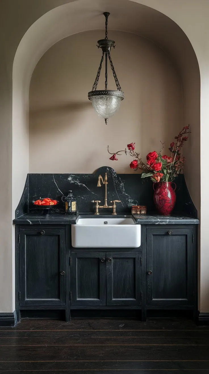 This gothic-inspired kitchen is a testament to sophisticated darkness. The rich textures of the dark wood cabinetry and black marble countertop are balanced by the soft beige walls and a striking red vase. A truly unique and alluring culinary haven.