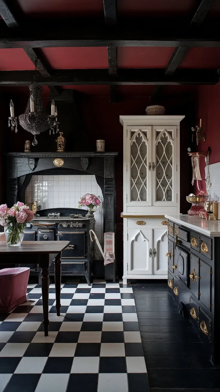 A symphony of dark woods, rich reds, and unexpected gold highlights: this kitchen is a testament to the power of contrast. The gothic chandelier casts a dramatic glow, illuminating the vintage stove and the delicate feminine touches that soften the otherwise imposing space. A truly unique and unforgettable design.