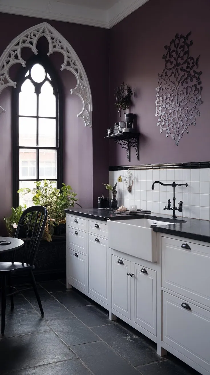 This gothic kitchen is a study in contrasts: the deep purple walls and black accents are balanced by the bright white cabinets and delicate window details. A touch of whimsy is added with the black and white patterned backsplash, creating a space that is both darkly romantic and surprisingly inviting.