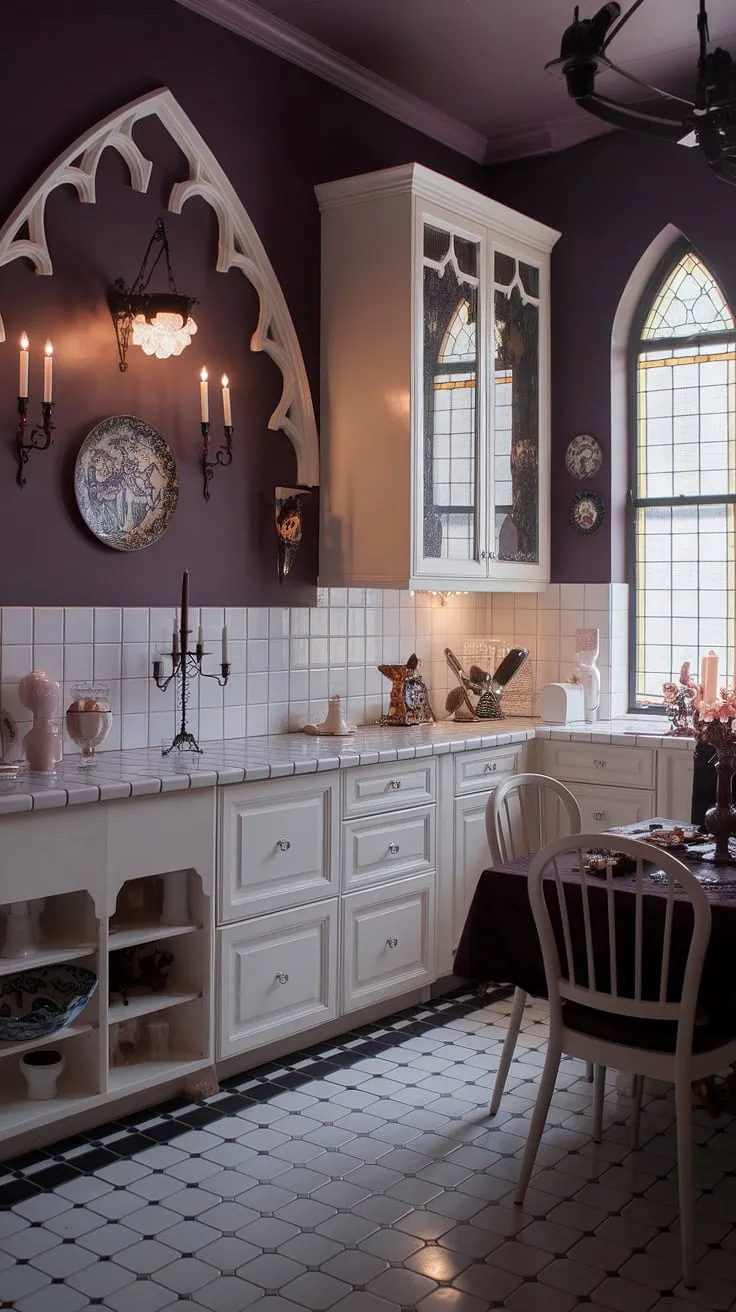 This gothic kitchen is a testament to the power of dark feminine design. The rich purple tones, contrasted by crisp white countertops and a striking black and white floor, create a visually stunning space. Gothic architectural details, such as the arched doorway and elaborate light fixtures, are balanced by delicate decorative elements, resulting in a kitchen that is both dramatic and inviting. A perfect blend of darkness and light, where culinary creativity thrives.