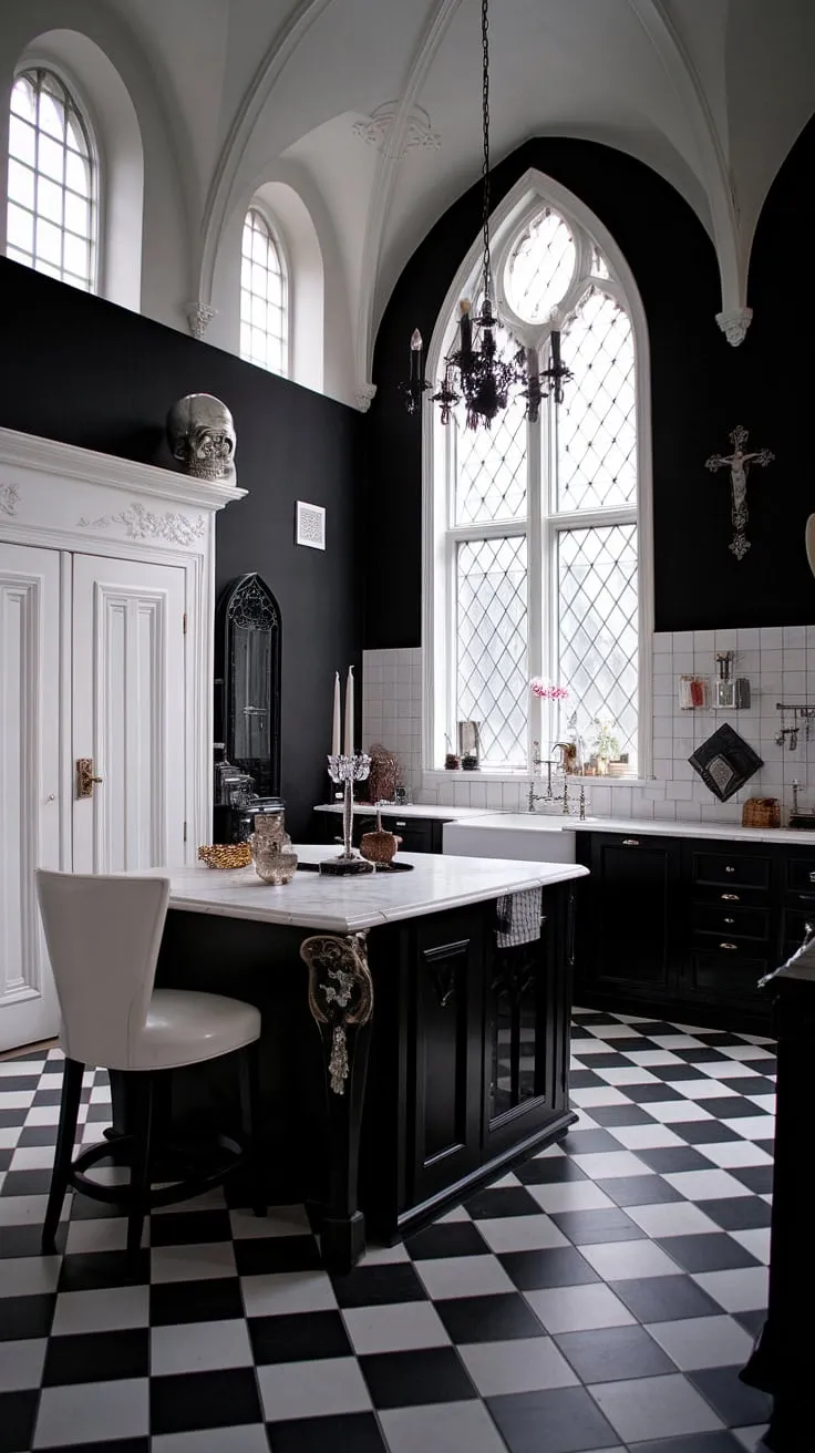 A symphony of shadows and light. This kitchen's black walls and high ceilings, accented by arched windows and a stunning chandelier, create an atmosphere both captivating and intimate. The contrast of black cabinetry with the white marble island and A touch of gothic flair, like the cross above the sink, elevates this space to a realm of sophisticated darkness.