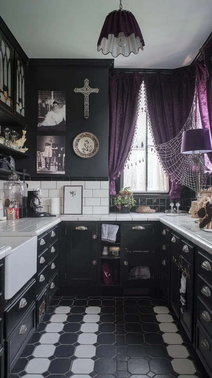 Dark romance reigns in this kitchen. Black and white create a striking contrast, punctuated by gothic details like a skull and spiderweb. The purple curtain and lampshade add a touch of mystery, while vintage photographs and a decorative plate tell a story. A space where every detail, from the tiled floor to the carefully chosen accessories, contributes to a uniquely alluring and darkly feminine aesthetic.