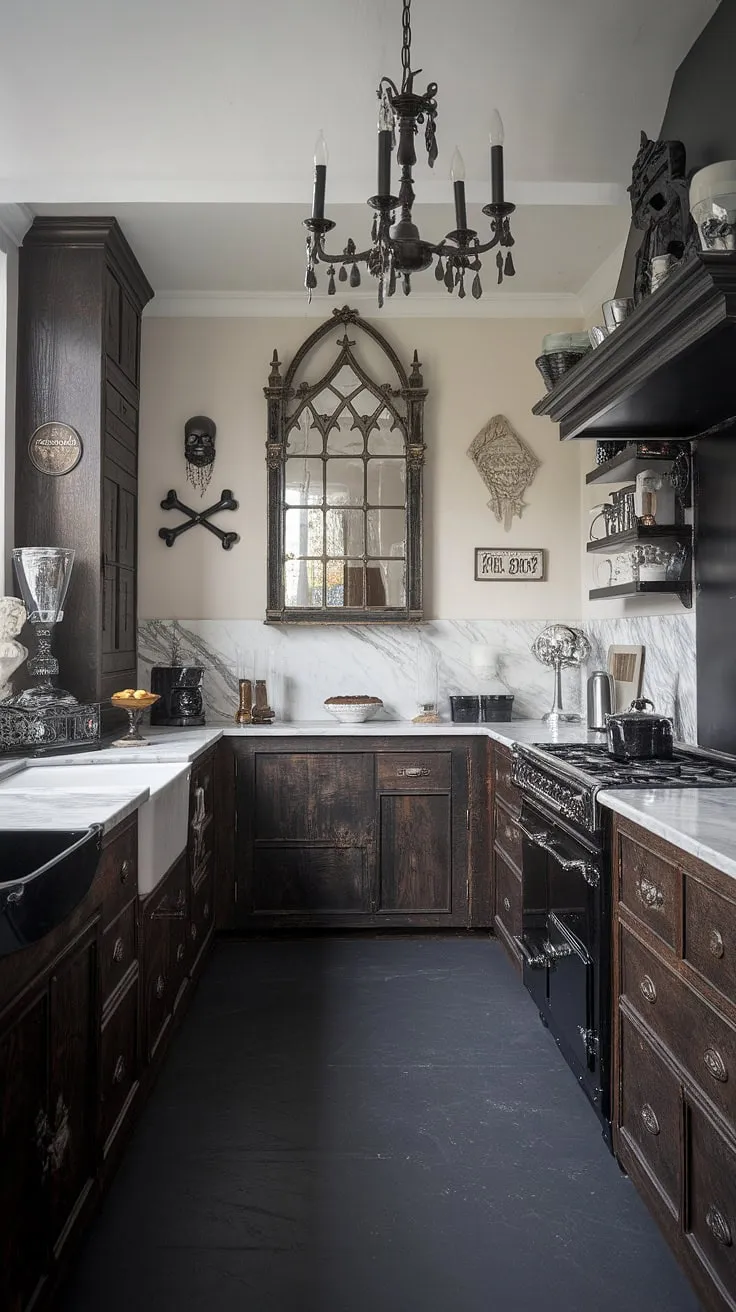 Where darkness meets deliciousness. This gothic kitchen, with its dark wood, marble countertops, and dramatic chandelier, is a testament to feminine strength and a touch of macabre charm. The skull and crossbones add a playful touch to this sophisticated space.