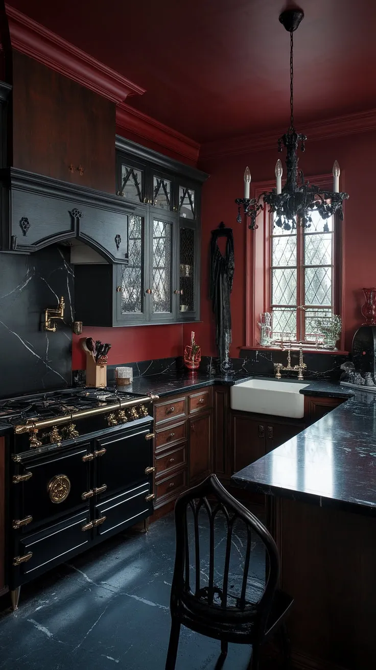 Crimson walls and ebony cabinets create a dramatic backdrop for this gothic kitchen, where a black marble countertop and gold-accented stove gleam under the dim light of a black chandelier. The contrast of the white sink and gothic chair adds a touch of unexpected elegance. A truly captivating space.