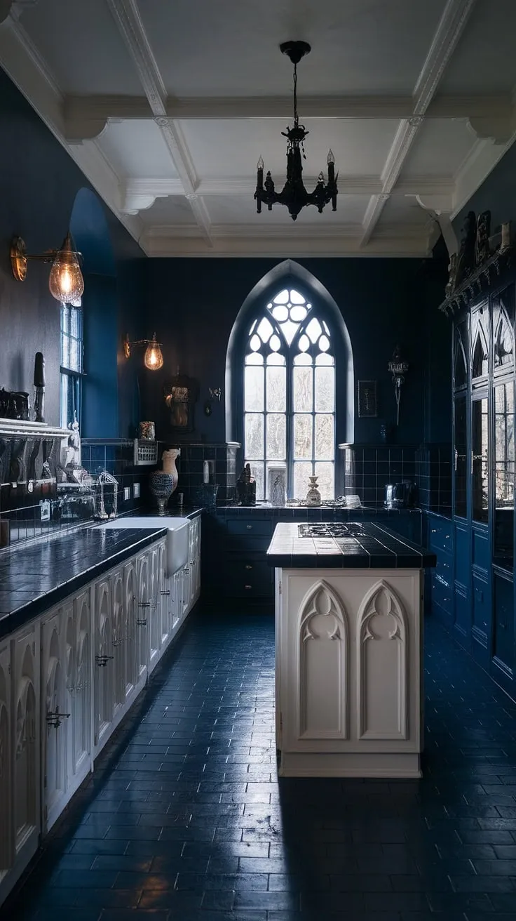 A symphony of dark blues and crisp whites, this gothic kitchen is a masterpiece of moody sophistication. The architectural details, from the arched window to the ornate chandelier, tell a story of bygone eras. A space where culinary artistry meets gothic grandeur.