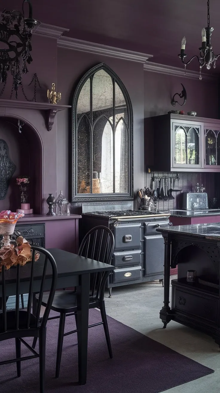 A darkly romantic kitchen, where shadows dance and elegance reigns. The deep purples and blacks create an atmosphere of sophisticated mystery, a space where culinary artistry meets gothic charm. A perfect blend of vintage and modern, this kitchen is a testament to the power of dramatic design.