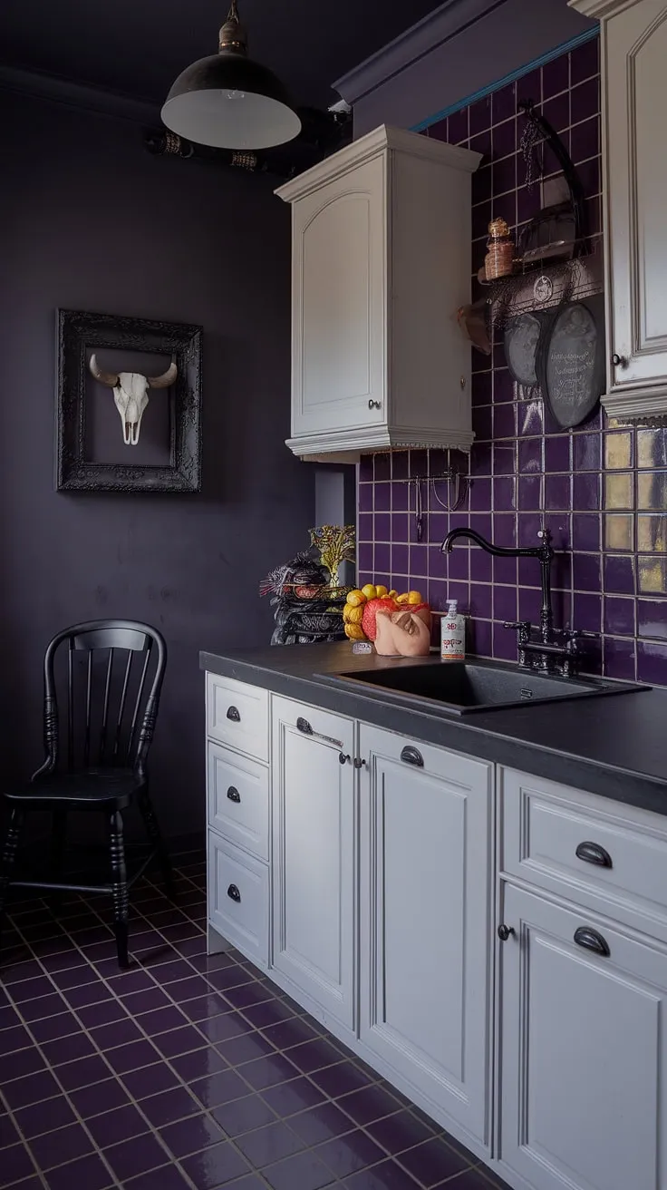 A sanctuary of shadows and style. This kitchen's dark purple heart, accented by black fixtures and a striking skull, is a bold statement in gothic design. The white cabinets provide a breath of ethereal lightness, balancing the intensity of the overall aesthetic. A space where every detail is considered, every element contributes to an atmosphere both captivating and undeniably A-list.