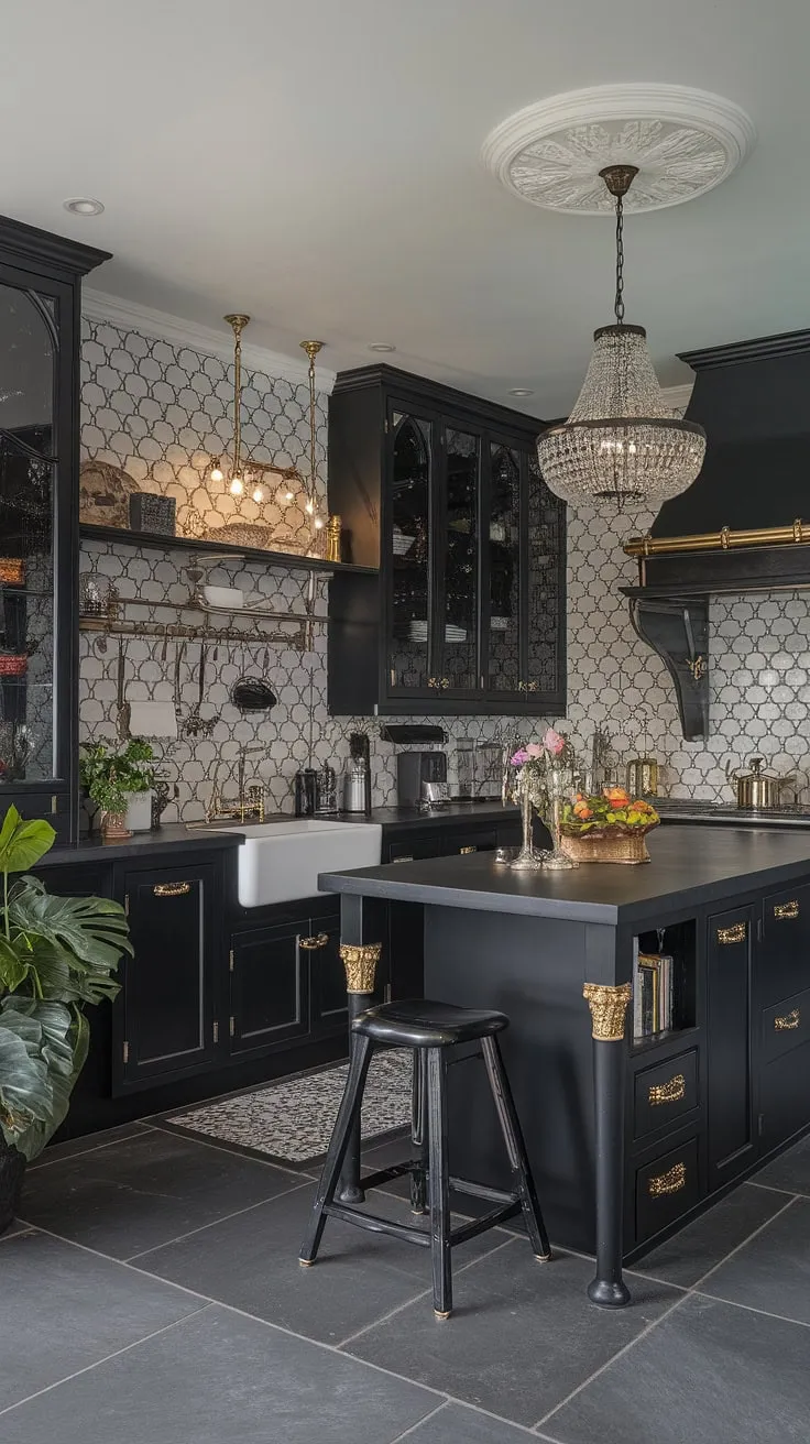 This exquisitely dark kitchen is a testament to gothic elegance. The black island, accented with gold, commands attention under the dramatic chandelier, while the gray and white patterned backsplash provides a captivating contrast. Every detail, from the flooring to the potted plant, contributes to a space that is both alluring and intensely personal.