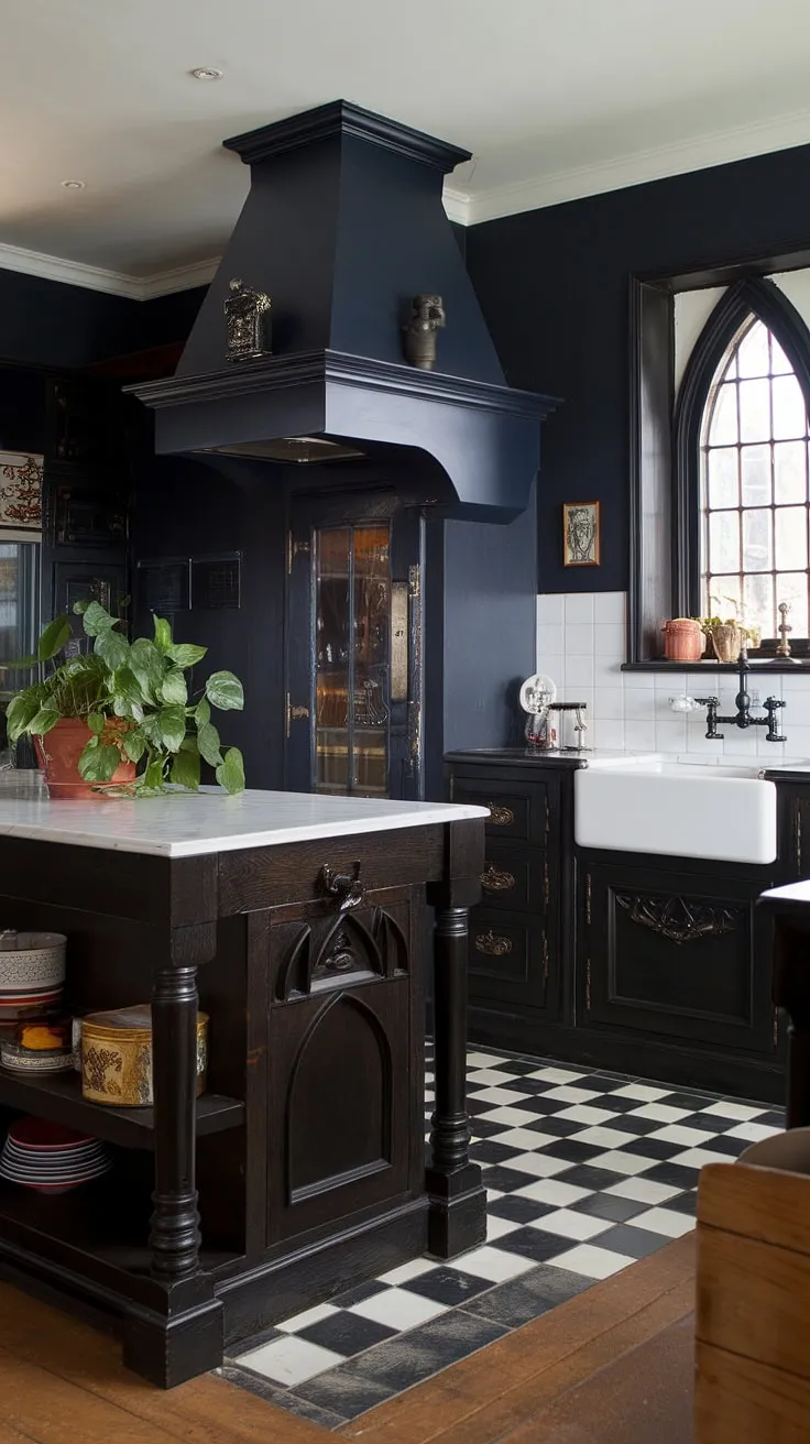 Dark wood and dramatic blue create a gothic kitchen haven, where the gleam of white marble countertops and a ceramic sink offer a touch of unexpected elegance. The checkered floor adds a touch of playful contrast to the overall sophisticated design.