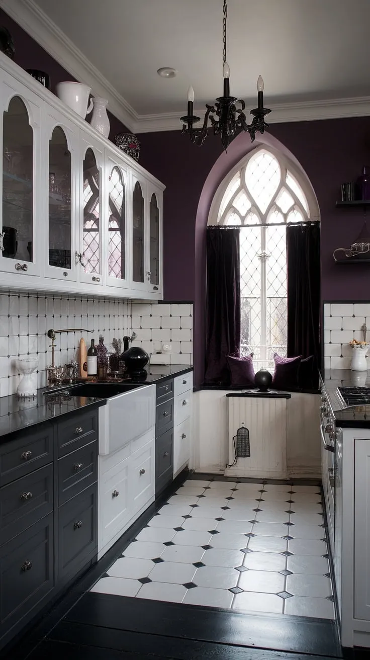 This gothic-inspired kitchen is a testament to the power of contrast. The dark gray and white cabinetry, black countertops, and deep purple accents create a captivating atmosphere. A space where culinary creativity thrives amidst a backdrop of brooding beauty, showcasing a unique and alluring aesthetic.