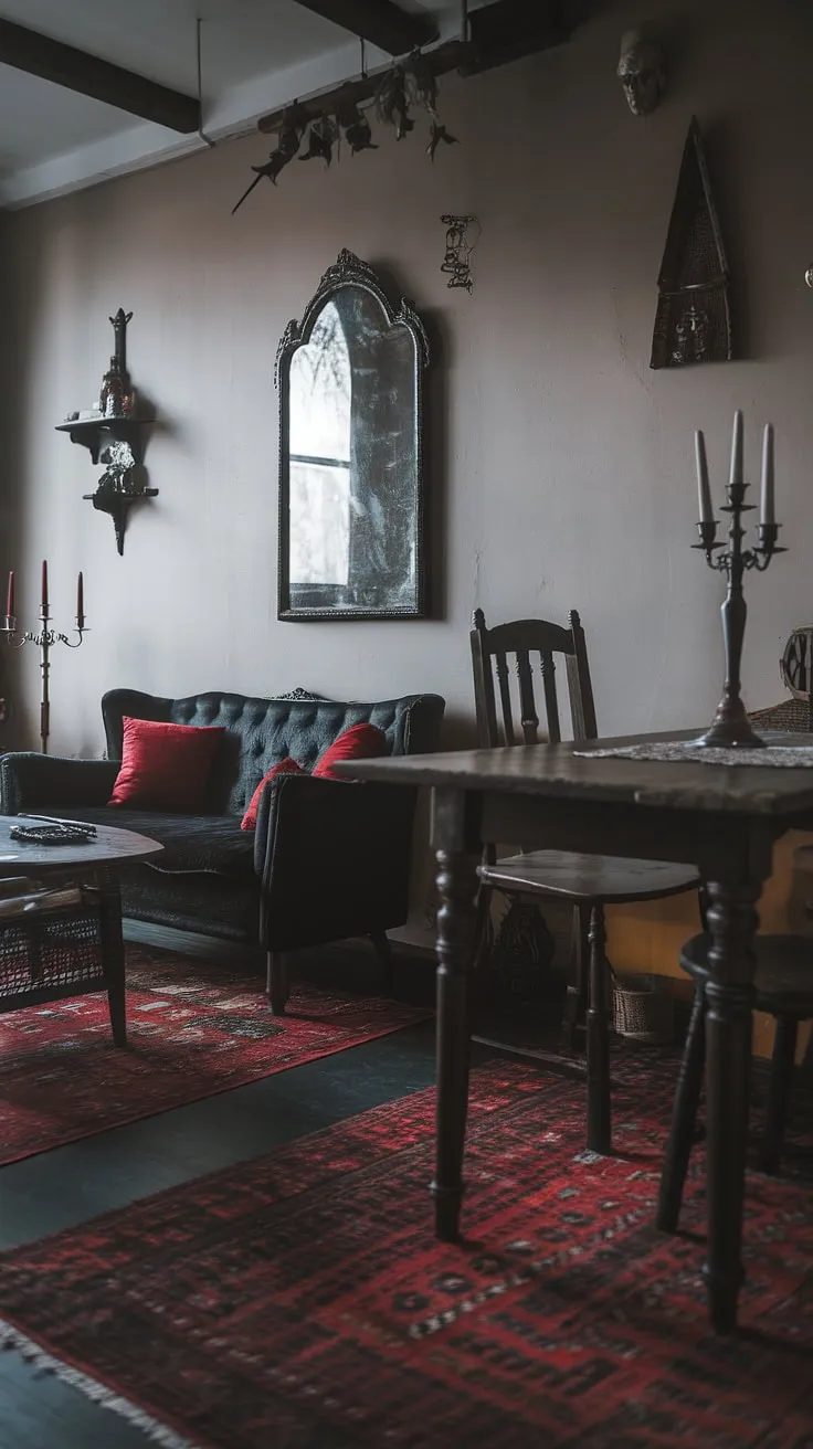 A dimly lit sanctuary, where shadows dance and secrets whisper. The air hangs heavy with the scent of aged wood and forgotten spells, a testament to the power held within these gothic walls. A perfect place for a coven gathering, or simply a quiet night spent contemplating the mysteries of the universe.