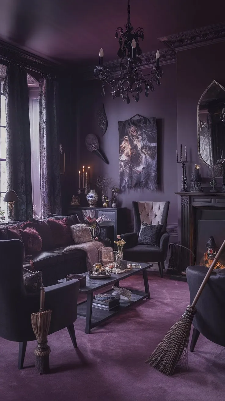 Step into a realm of enchanting shadows and spellbinding secrets. This gothic living room, with its deep purple hues, antique fireplace, and subtly placed witchy artifacts-a cauldron simmering with mystery, a broomstick leaning casually against the wall-invites you to embrace the mystical allure of A bewitching sanctuary.