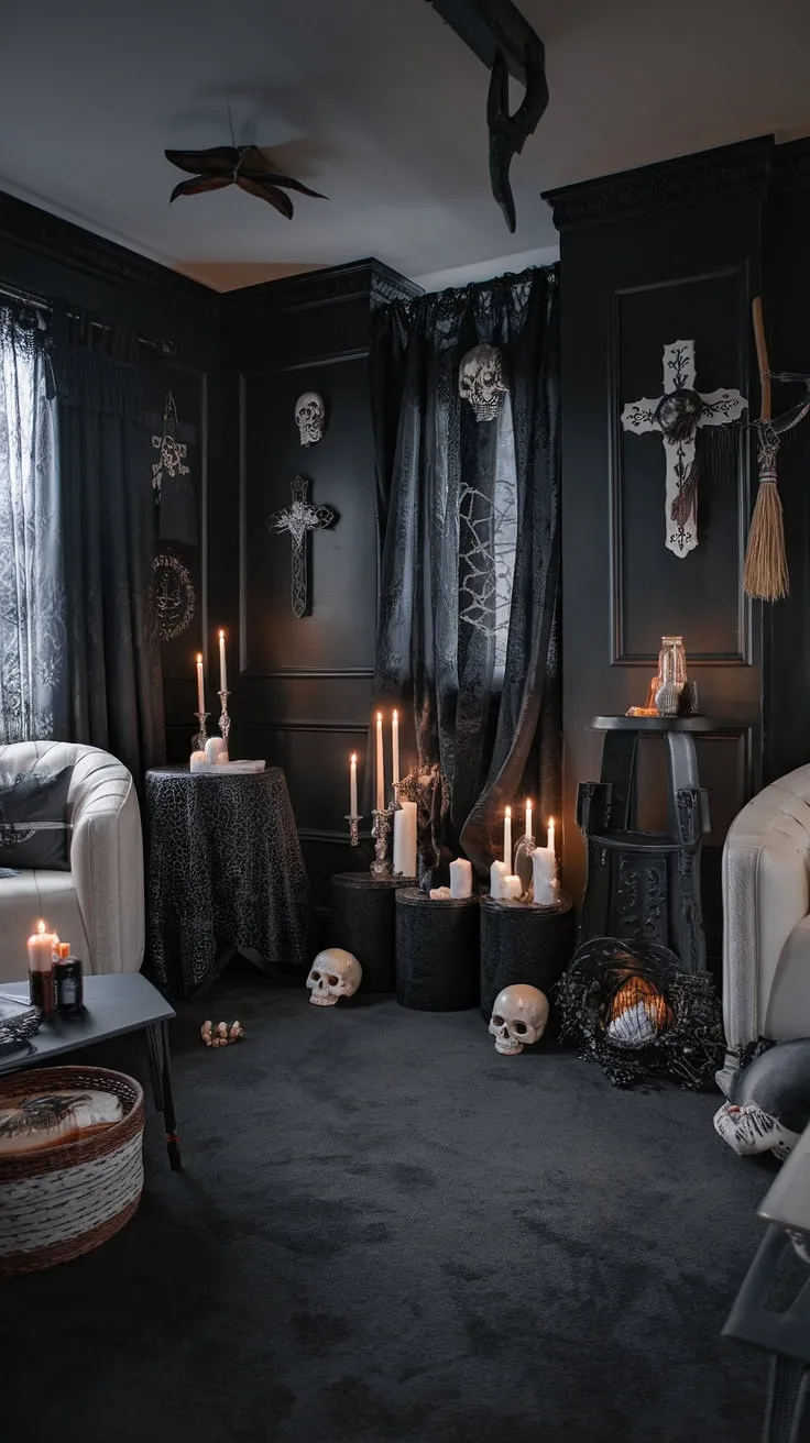 Step into a sanctuary of shadows where gothic elegance meets witchy charm. The air hangs heavy with the scent of ancient spells and forgotten lore, a testament to the power held within these dark walls. A perfect blend of darkness and grace, this space whispers secrets only the initiated can understand.