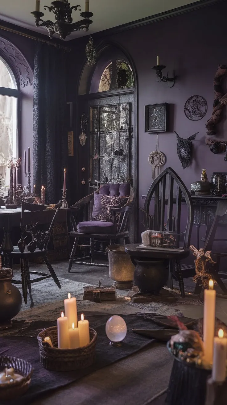 Deep within this gothic sanctuary, where shadows dance and secrets whisper, a cauldron simmers, crystals gleam, and the air hums with ancient magic. A mystical haven awaits, a place of enchantment and shadowed delights.