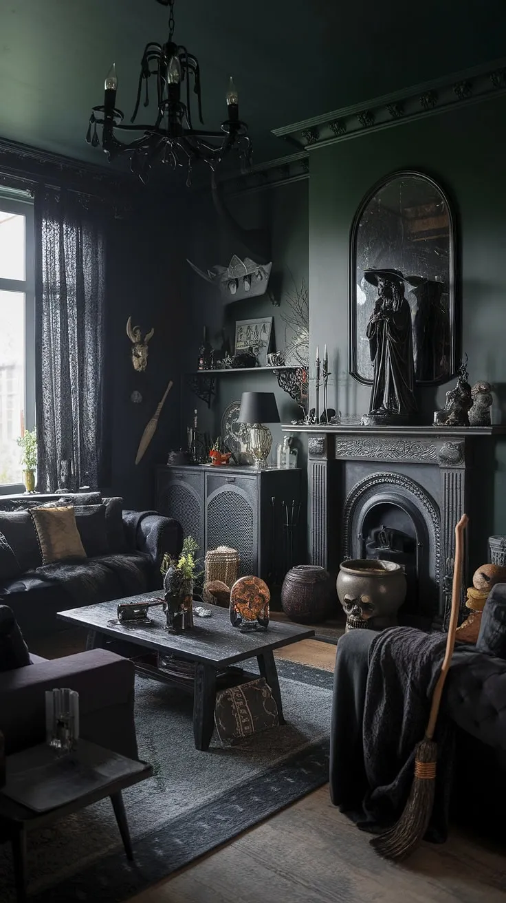 Step into a realm of shadows and enchantment, where dark green walls whisper secrets and a black chandelier casts an ethereal glow. A cauldron simmers, a broomstick leans patiently by the fireplace, guarded by a witchy statue, all under the watchful gaze of a skull. This gothic sanctuary is a haven for the magically inclined, a place where the veil between worlds feels delightfully thin.