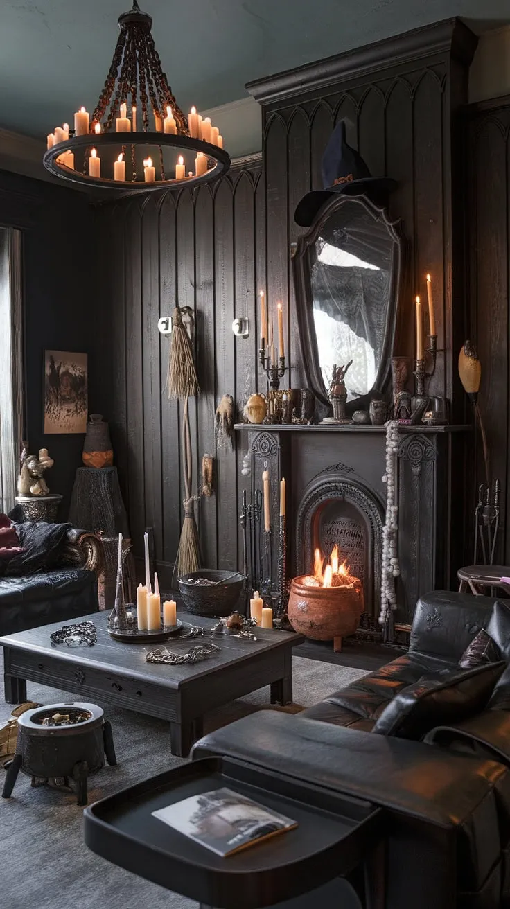 The air crackles with unseen energy in this darkly romantic living room. A gothic masterpiece, complete with a mesmerizing candle chandelier and witchy artifacts scattered throughout, it's a space where imagination takes flight. A sense of mystery permeates every corner, from the brooding fireplace to the ancient spellbook, promising untold adventures. A perfect haven for those who embrace the shadows.