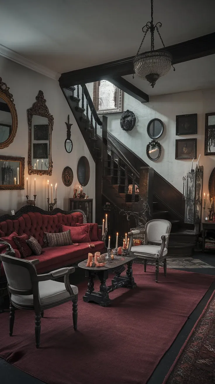 Step into a realm where shadows dance and secrets whisper. This gothic sanctuary, adorned with antique mirrors and flickering candlelight, invites you to unwind amidst plush velvet and the comforting weight of history. A haven for the soul, a sanctuary for the spirit, a place where magic feels tangible.
