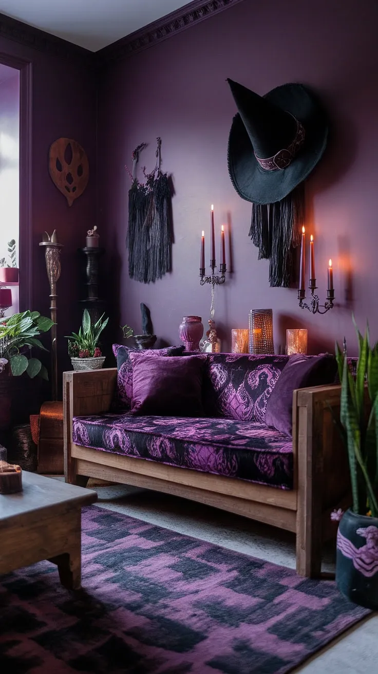 Embrace the shadows. This gothic haven, with its deep purple hues and velvet textures, whispers tales of ancient magic. The air hangs heavy with the scent of burning herbs and untold secrets. A sanctuary for the soul, where darkness finds its beauty.