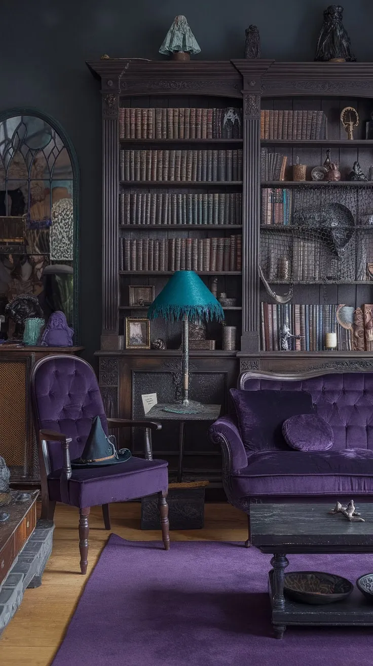 Step into a realm of shadows and secrets, where the scent of old books and brewing potions hangs heavy in the air. A teal lamp casts an ethereal glow upon the ancient tomes and curious trinkets, illuminating a sanctuary of gothic charm and witchy delights. The purple velvet sofa invites you to sink into its plush embrace, while a witch's hat rests patiently on the wooden chair, awaiting its next mystical adventure.