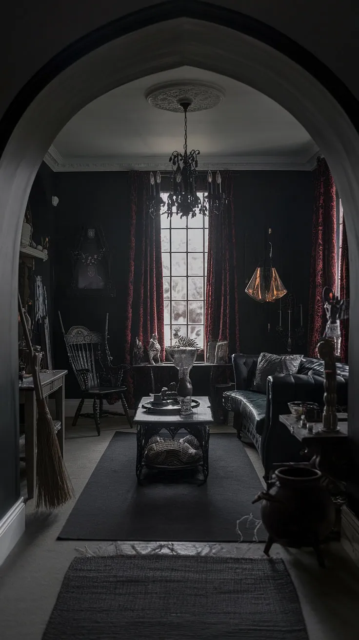 In this dimly lit sanctuary, where shadows dance and secrets whisper, a cauldron simmers under the watchful gaze of a gothic chandelier. The air hangs heavy with the scent of ancient herbs and untold stories, a testament to the magic woven within these dark walls. A broom leans patiently against the aged wood, awaiting its next flight.