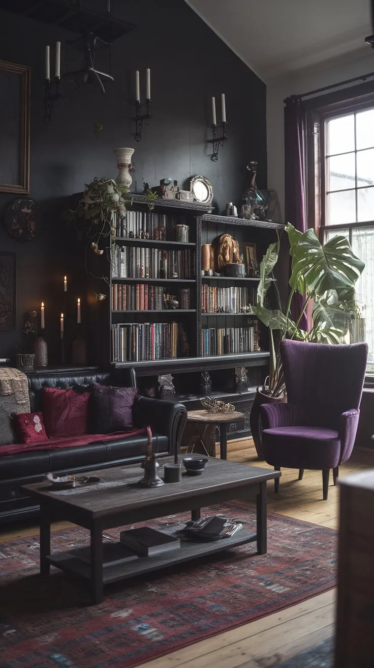 Deep within this gothic haven, a spell is woven from the rich textures and brooding atmosphere. The shadows whisper tales of forgotten lore, while the warmth of the fire and the comforting embrace of the furniture promise solace and enchantment.